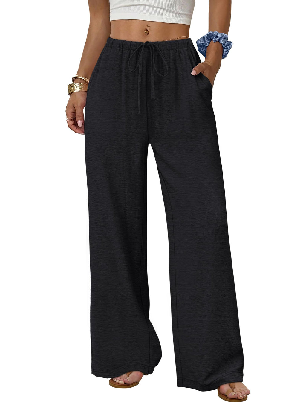 Sampeel Wide Leg Pants for Women Flowy Palazzo Drawstring Elastic Waist Trousers with Pockets Summer Beach Vacation Clothes