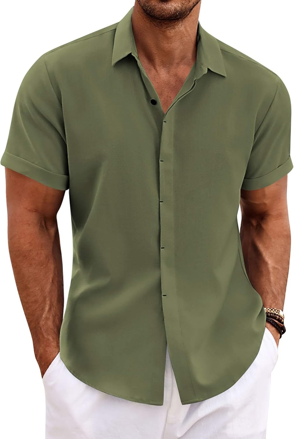 COOFANDY Men's Linen Shirts Short Sleeve Casual Shirts Button Down Shirt for Men Beach Summer Wedding Shirt