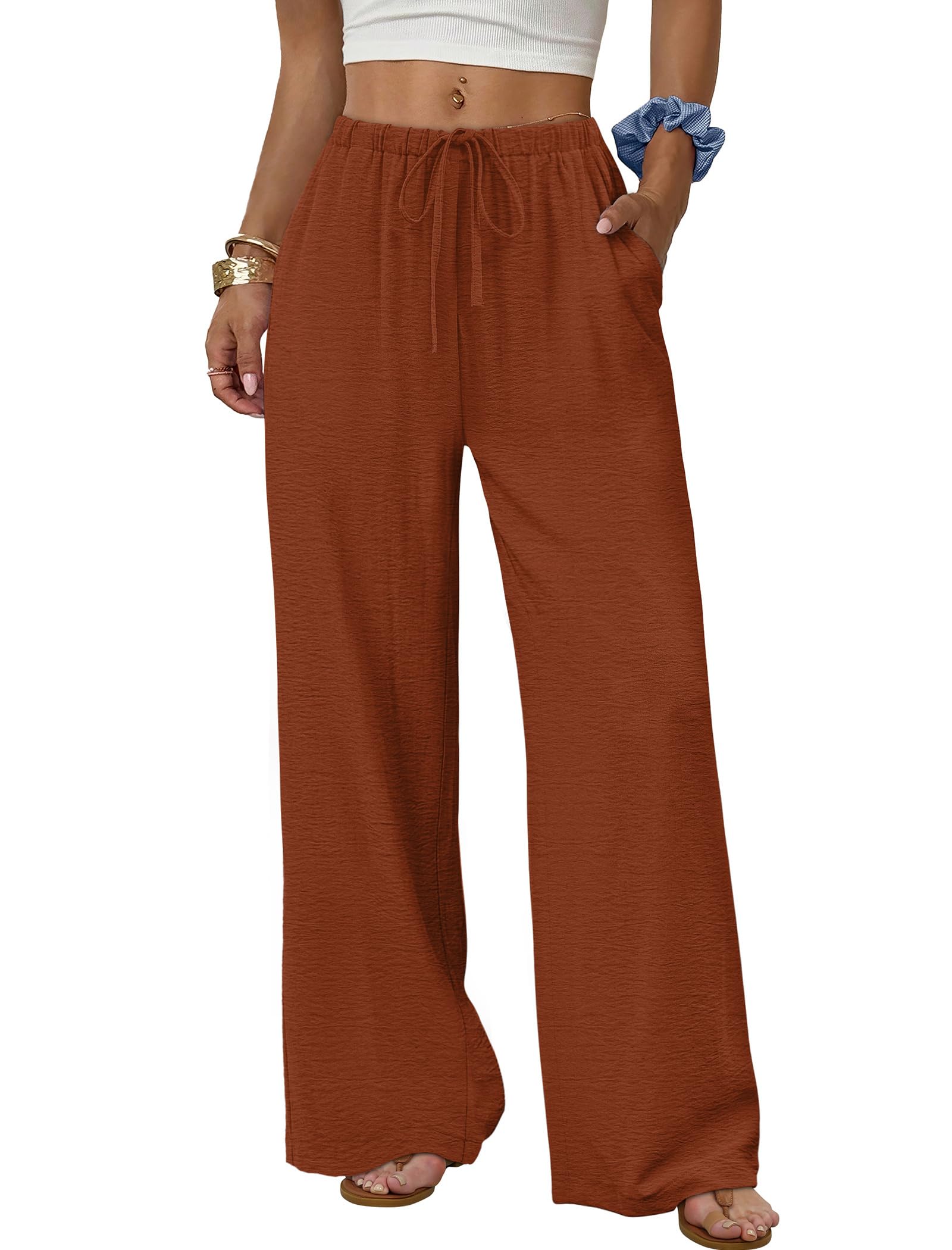 Sampeel Wide Leg Pants for Women Flowy Palazzo Drawstring Elastic Waist Trousers with Pockets Summer Beach Vacation Clothes
