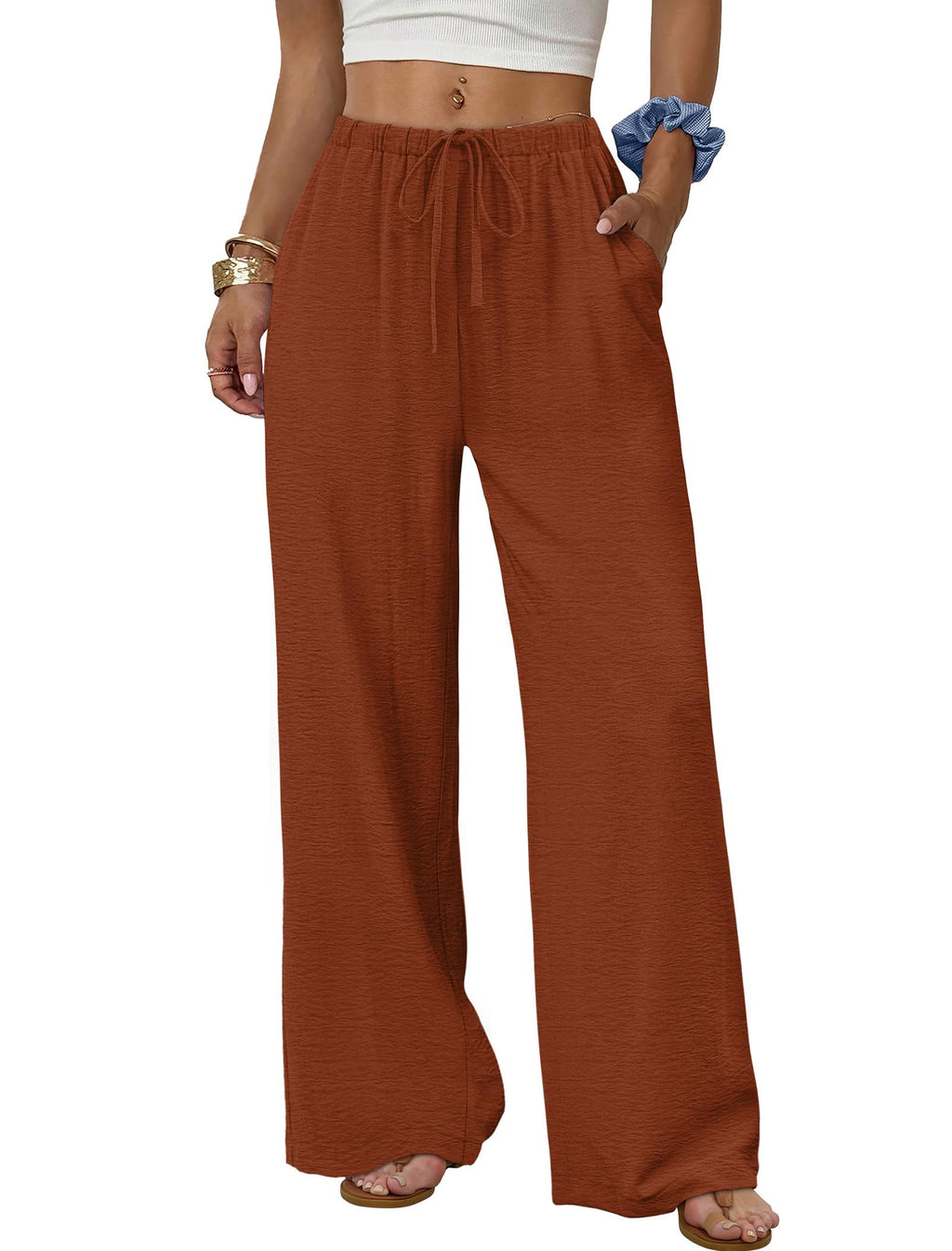 Sampeel Wide Leg Pants for Women Flowy Palazzo Drawstring Elastic Waist Trousers with Pockets Summer Beach Vacation Clothes