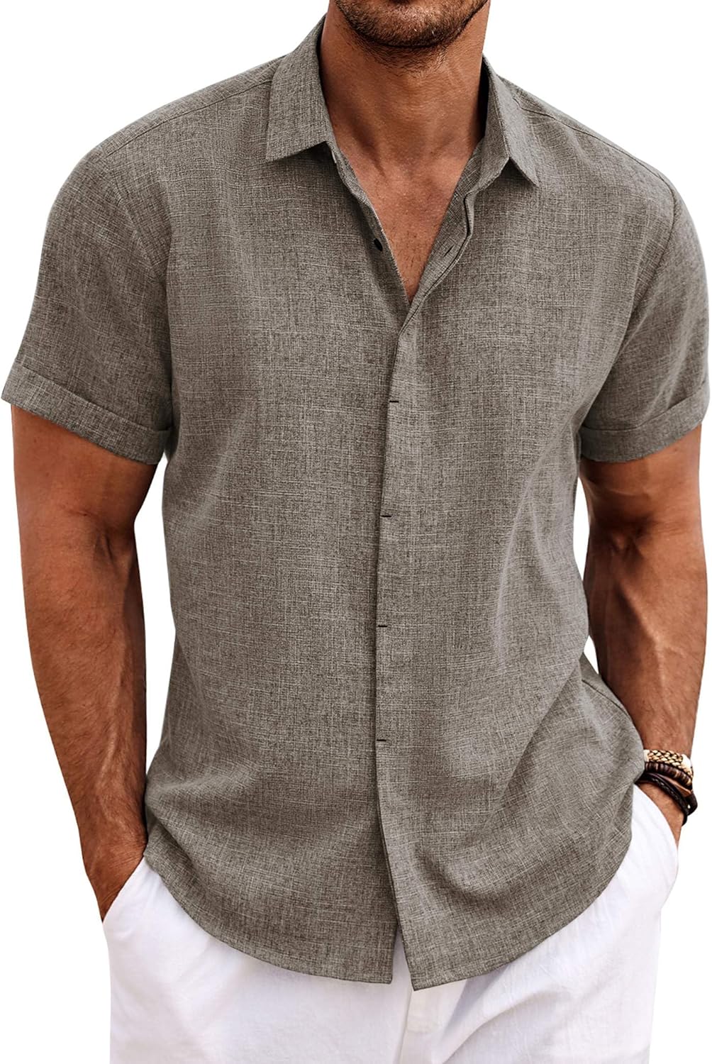COOFANDY Men's Linen Shirts Short Sleeve Casual Shirts Button Down Shirt for Men Beach Summer Wedding Shirt