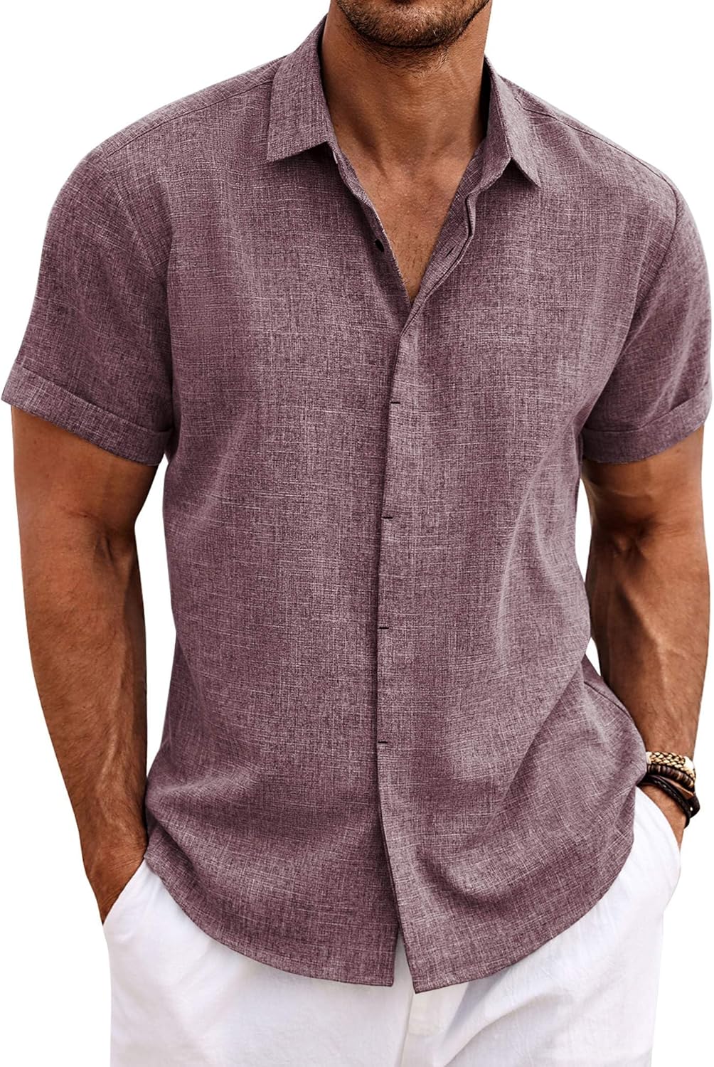 COOFANDY Men's Linen Shirts Short Sleeve Casual Shirts Button Down Shirt for Men Beach Summer Wedding Shirt